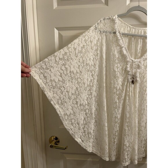 Women's Lace Batwing Sleeve Tunic Top Sz 2X Peasant Boho Fringe Tie - Picture 3 of 5